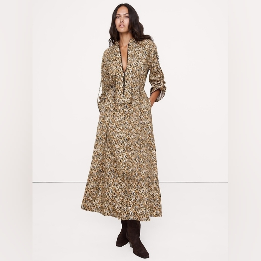 Banana Republic Cotton Utility Zip Maxi Dress Green Camo Feathers